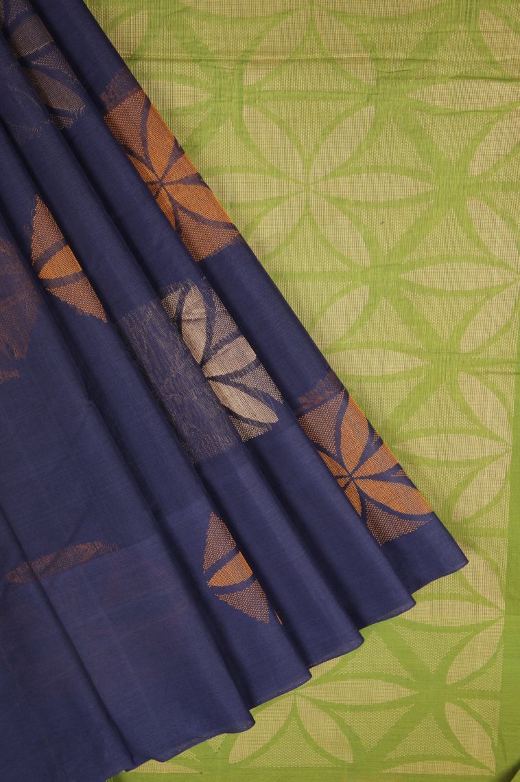 Indigo Blue Pure Handloom Kovai Cotton with Without Zari Zari Buttis (small Dots Or Motifs) view 1