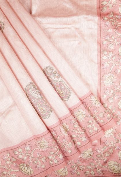 Lean Pink Tussar Saree with Without Zari Zari Buttis (small Dots Or Motifs)