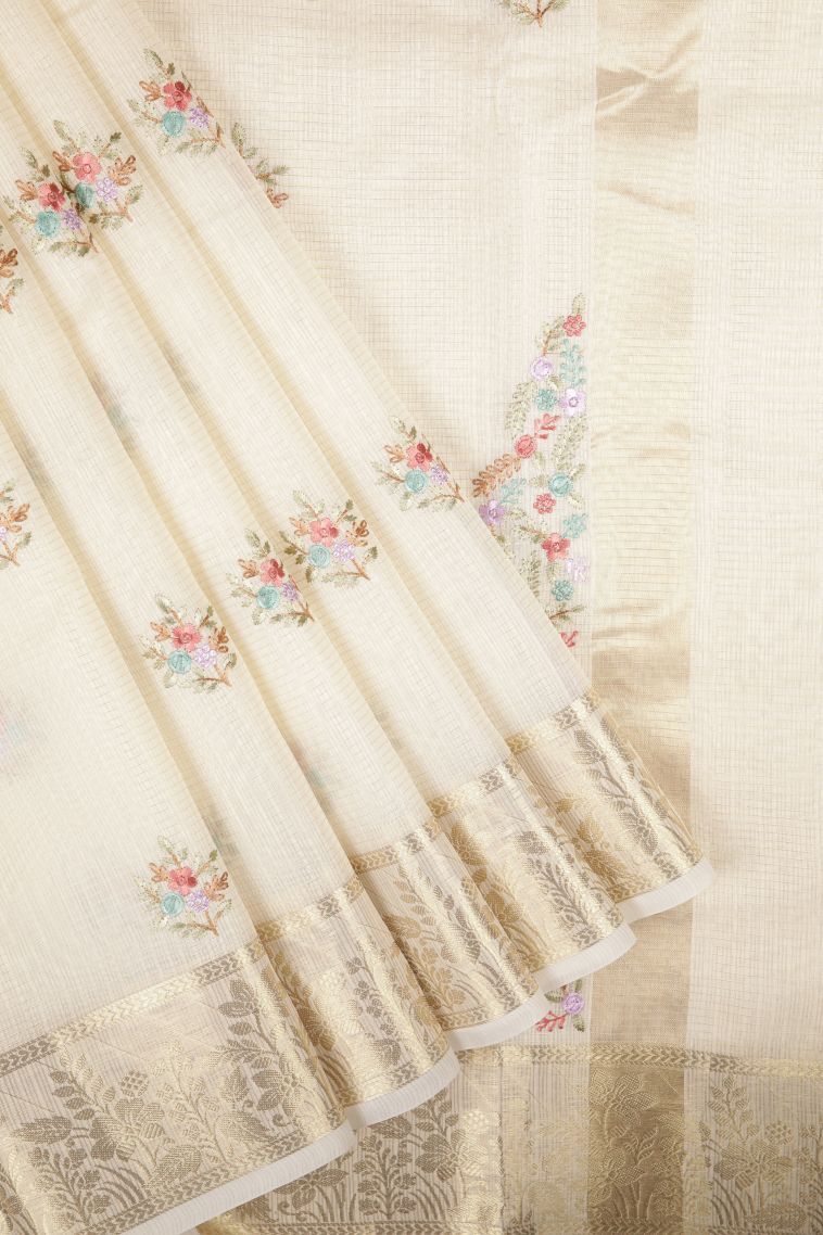 Cream White Tussar Saree with Without Zari Zari Buttis (small Dots Or Motifs) view 1