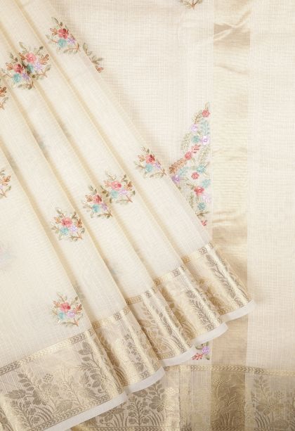 Cream White Tussar Saree with Without Zari Zari Buttis (small Dots Or Motifs)
