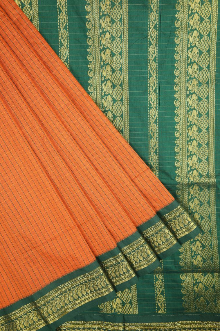 Apricot Orange Kalyani Cotton with Without Zari Zari Checks view 1