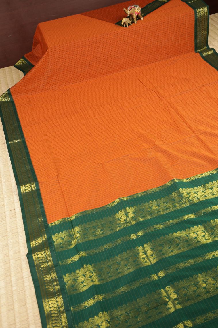 Apricot Orange Kalyani Cotton with Without Zari Zari Checks view 2
