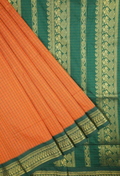 Apricot Orange Kalyani Cotton with Without Zari Zari Checks