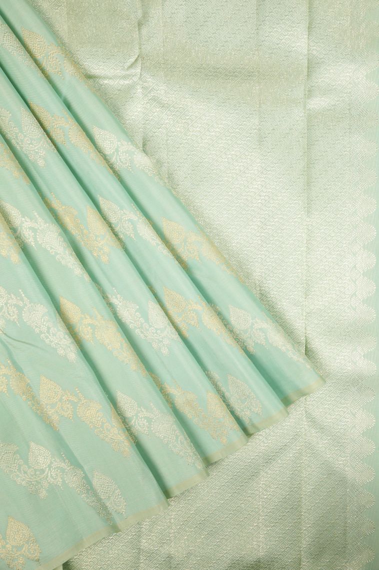 Mint Green Kanchipuram Silk Sarees with Gold And Silver Zari Floral Patterns view 1