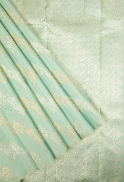 Mint Green Kanchipuram Silk Sarees with Gold And Silver Zari Floral Patterns