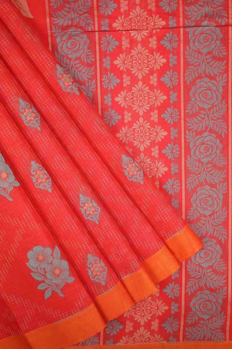 Candy Red Kovai Cotton Sarees with Without Zari Zari Buttis (small Dots Or Motifs) view 1