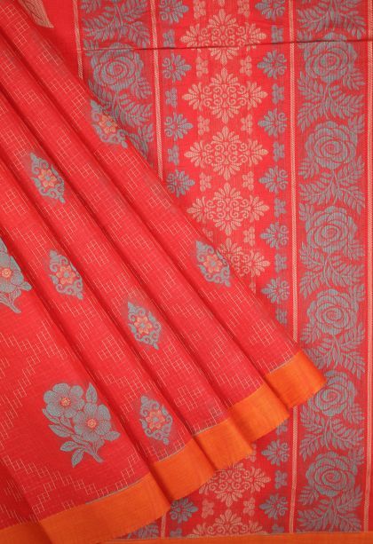 Candy Red Kovai Cotton Sarees with Without Zari Zari Buttis (small Dots Or Motifs)