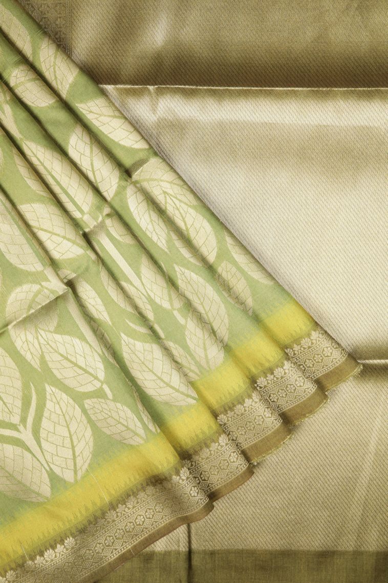 Lime Green Tussar Saree with Silver Zari Floral Patterns view 1