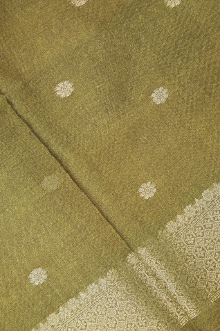 Lime Green Tussar Saree with Silver Zari Floral Patterns view 3