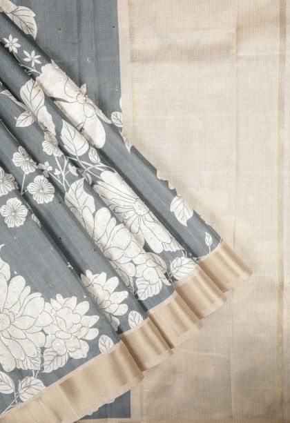 Stone Blue Tussar Saree with Without Zari Zari Floral Patterns