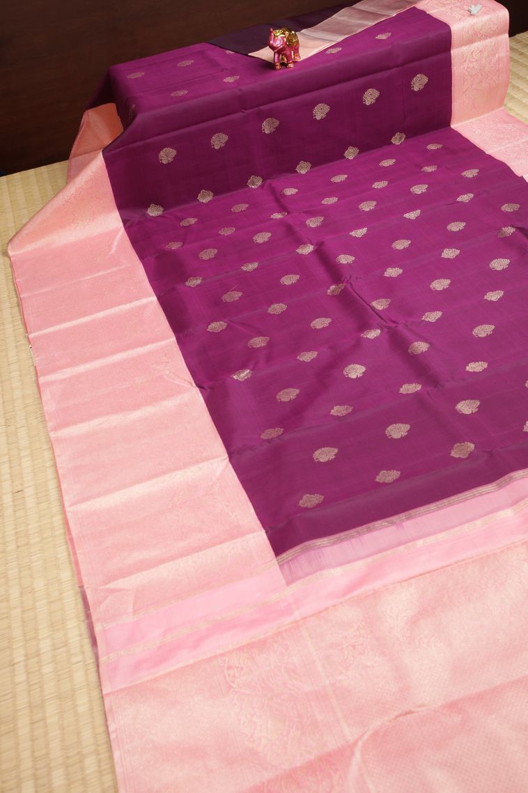 Magenta Purple Kanchipuram Silk Sarees with Gold Zari Peacock Motifs view 2