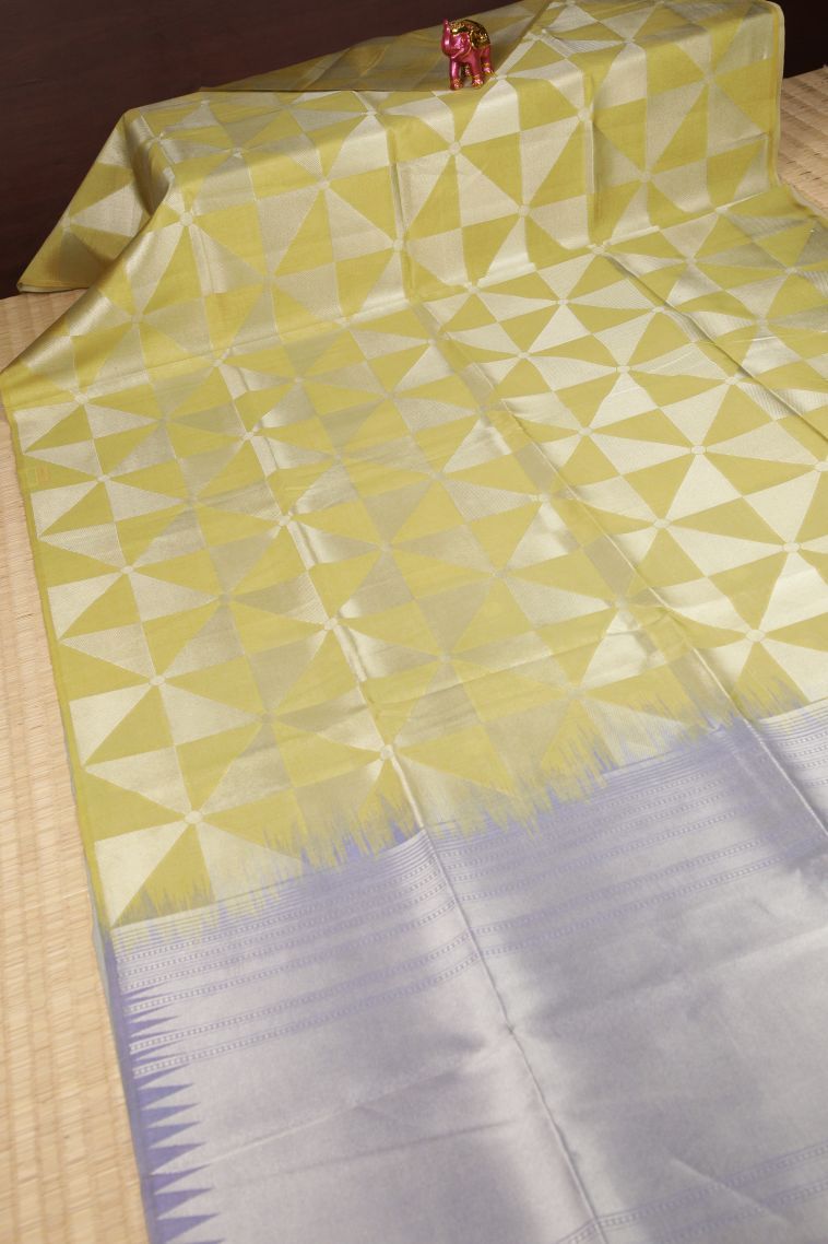 Gold Tussar Saree with Silver Zari Geometric Shapes view 2
