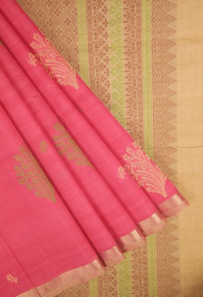 Bubblegum Pink Pure Handloom Kovai Cotton with Without Zari Zari Buttis (small Dots Or Motifs)