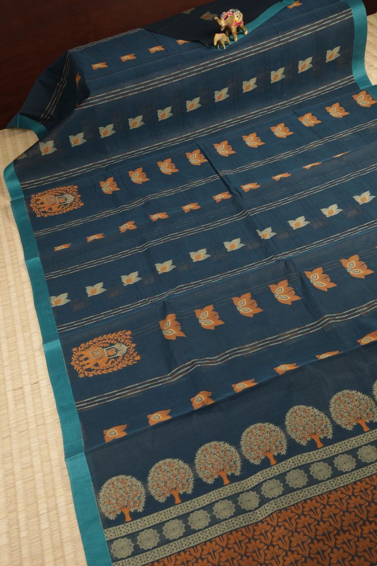 Denim Blue Kovai Cotton Sarees with Without Zari Zari Buttis (small Dots Or Motifs) view 2