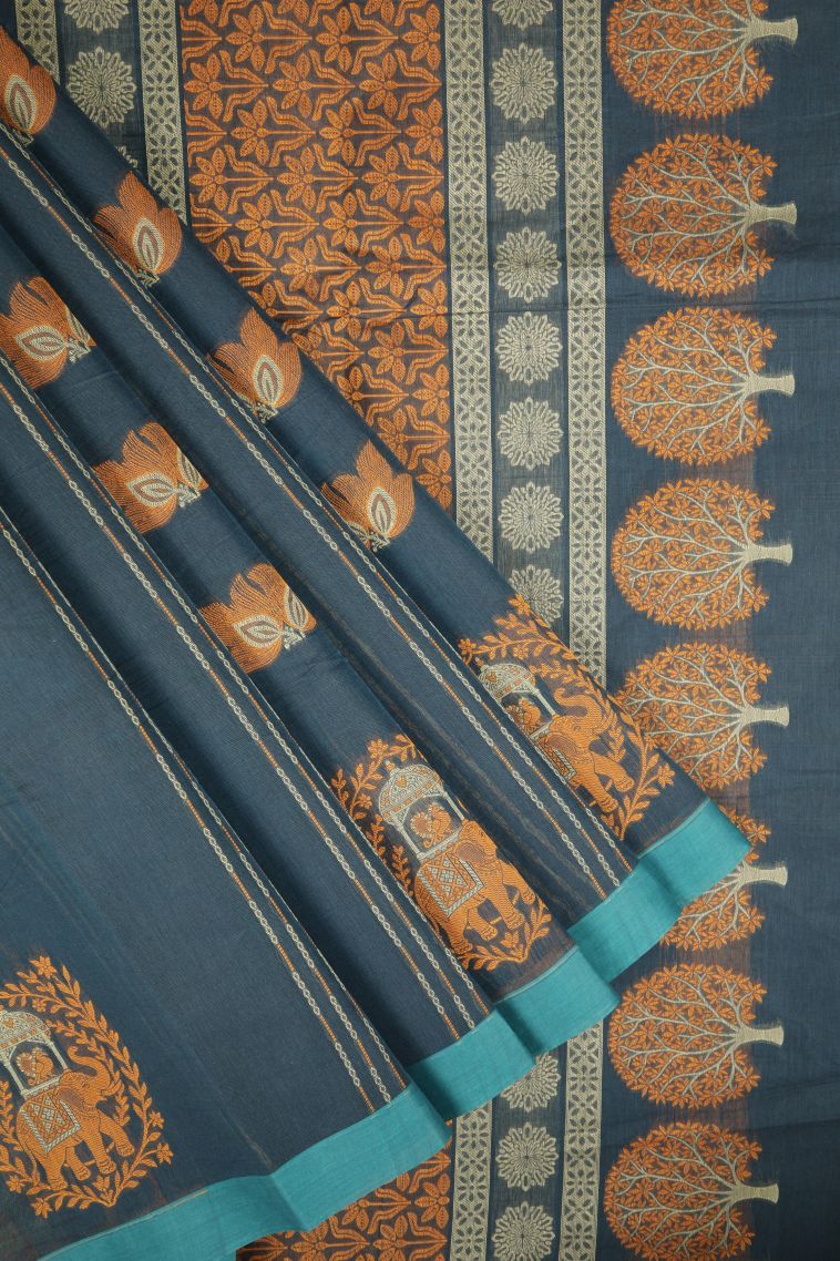 Denim Blue Kovai Cotton Sarees with Without Zari Zari Buttis (small Dots Or Motifs) view 1