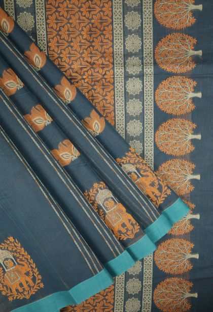 Denim Blue Kovai Cotton Sarees with Without Zari Zari Buttis (small Dots Or Motifs)