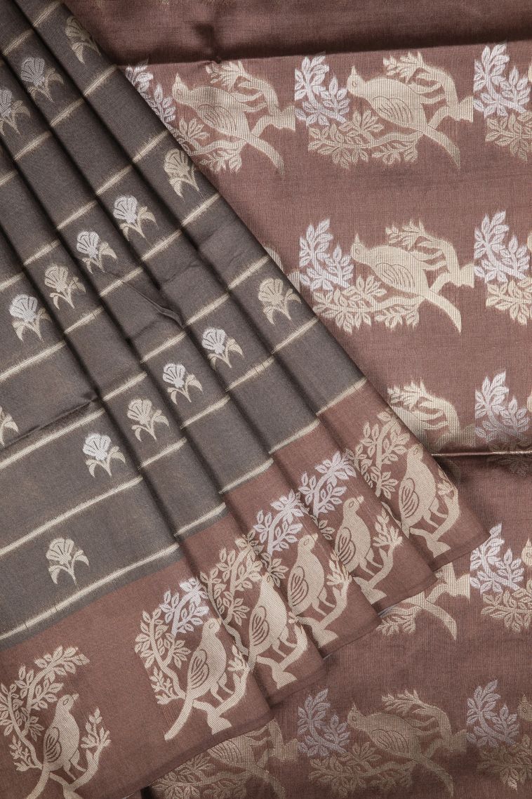 Granite Black Tussar Saree with Silver Zari Buttis (small Dots Or Motifs) view 1