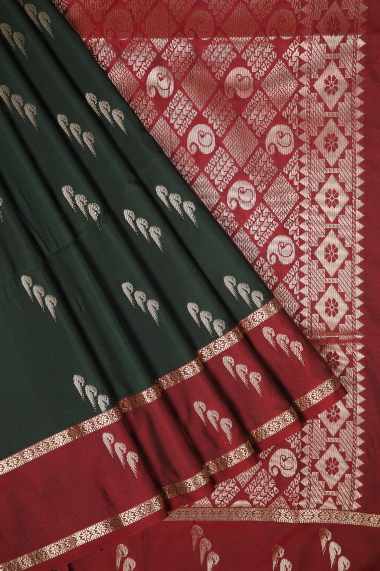 Bottle Green Soft Silk Saree with Copper Zari Buttis (small Dots Or Motifs) view 1