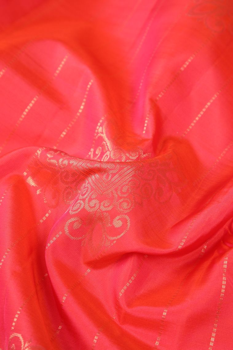 Strawberry Pink Soft Silk Saree with Copper Zari Stripes view 4