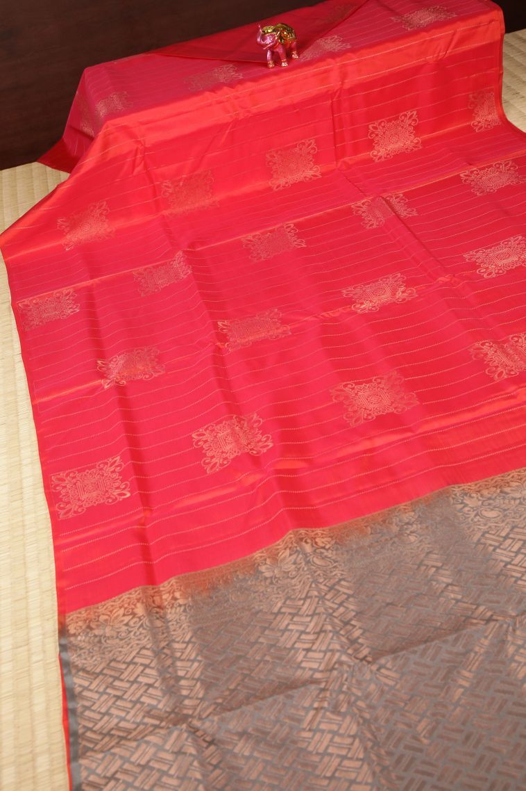 Strawberry Pink Soft Silk Saree with Copper Zari Stripes view 2