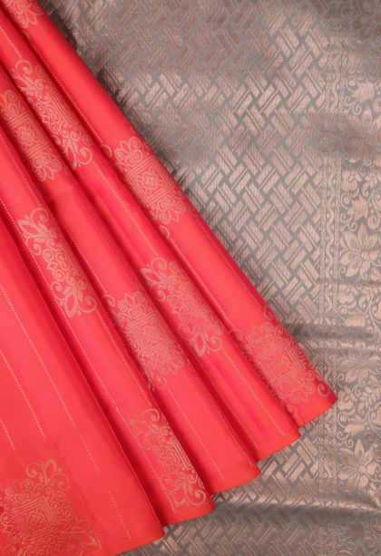Strawberry Pink Soft Silk Saree with Copper Zari Stripes