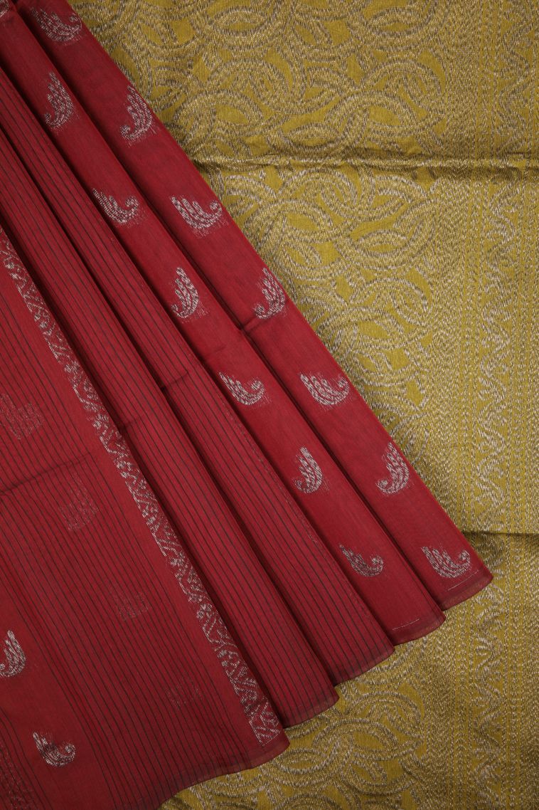 Apple Red Silk Cotton Sarees with Bronze Zari Stripes view 1