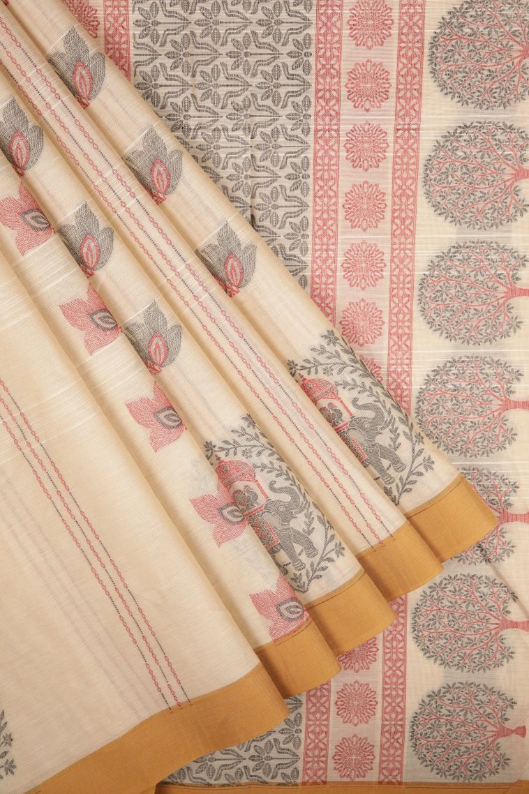 Cream White Kovai Cotton Sarees with Without Zari Zari Buttis (small Dots Or Motifs) view 1