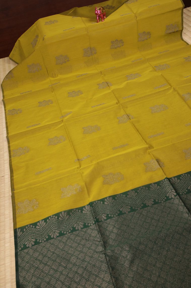 Lime Green Silk Cotton Sarees with Bronze Zari Buttis (small Dots Or Motifs) view 2