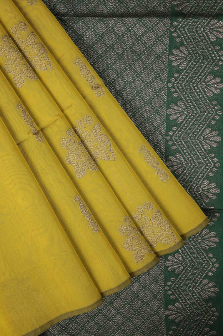 Lime Green Silk Cotton Sarees with Bronze Zari Buttis (small Dots Or Motifs) view 1