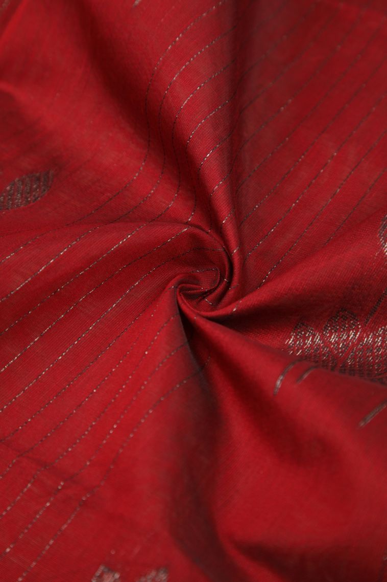 Apple Red Silk Cotton Sarees with Bronze Zari Stripes view 4