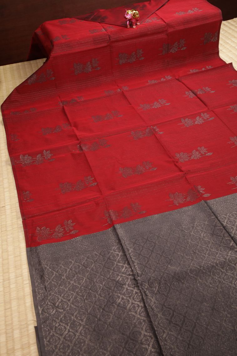 Apple Red Silk Cotton Sarees with Bronze Zari Stripes view 2