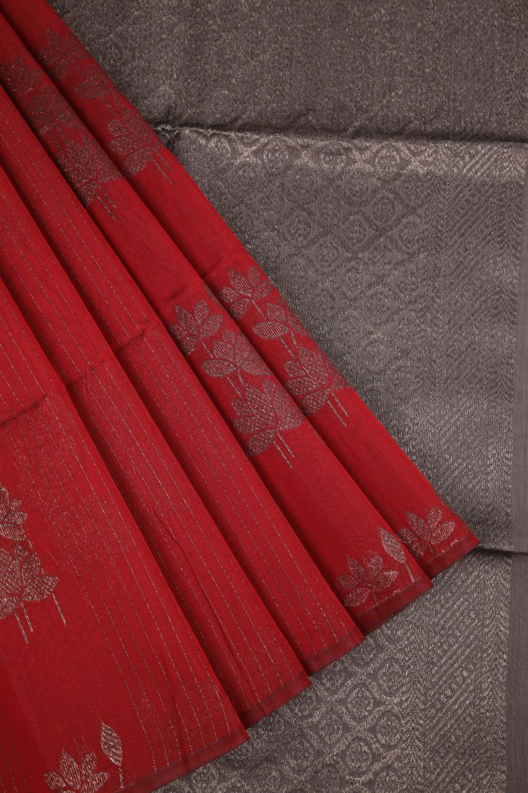 Apple Red Silk Cotton Sarees with Bronze Zari Stripes view 1