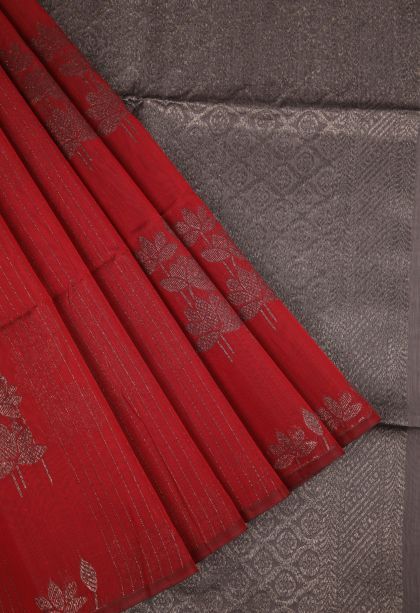 Apple Red Silk Cotton Sarees with Bronze Zari Stripes