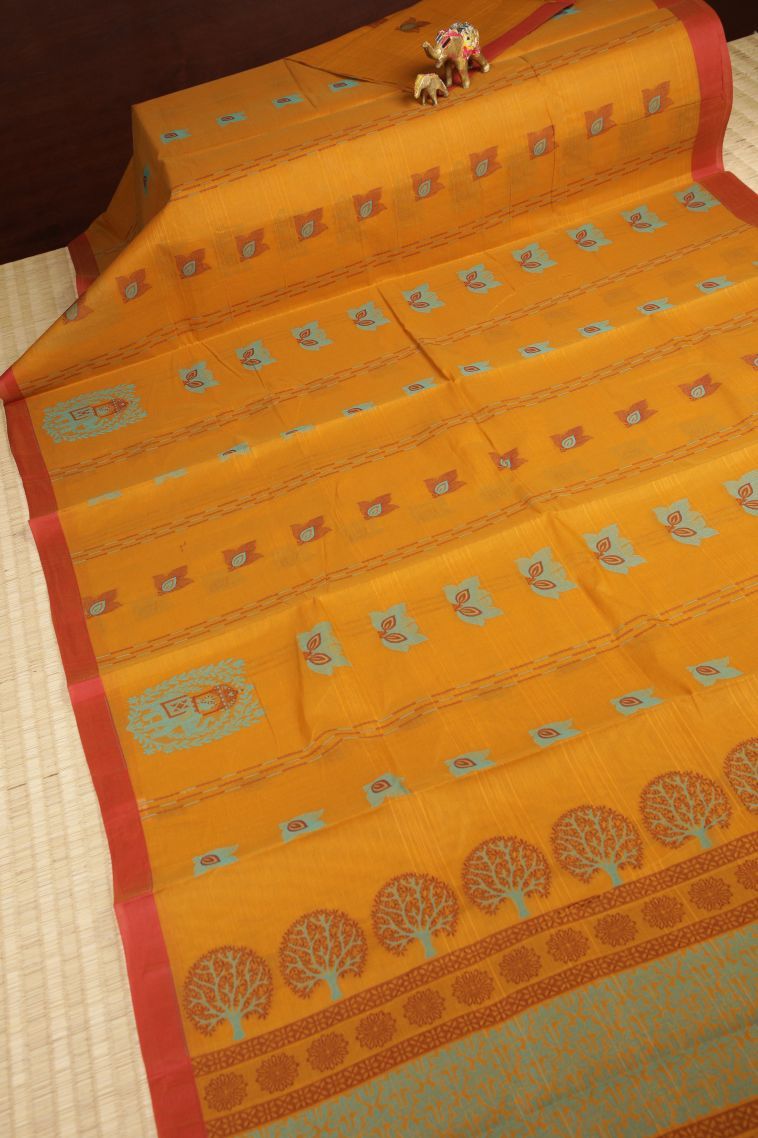 Honey Orange Kovai Cotton Sarees with Without Zari Zari Buttis (small Dots Or Motifs) view 2