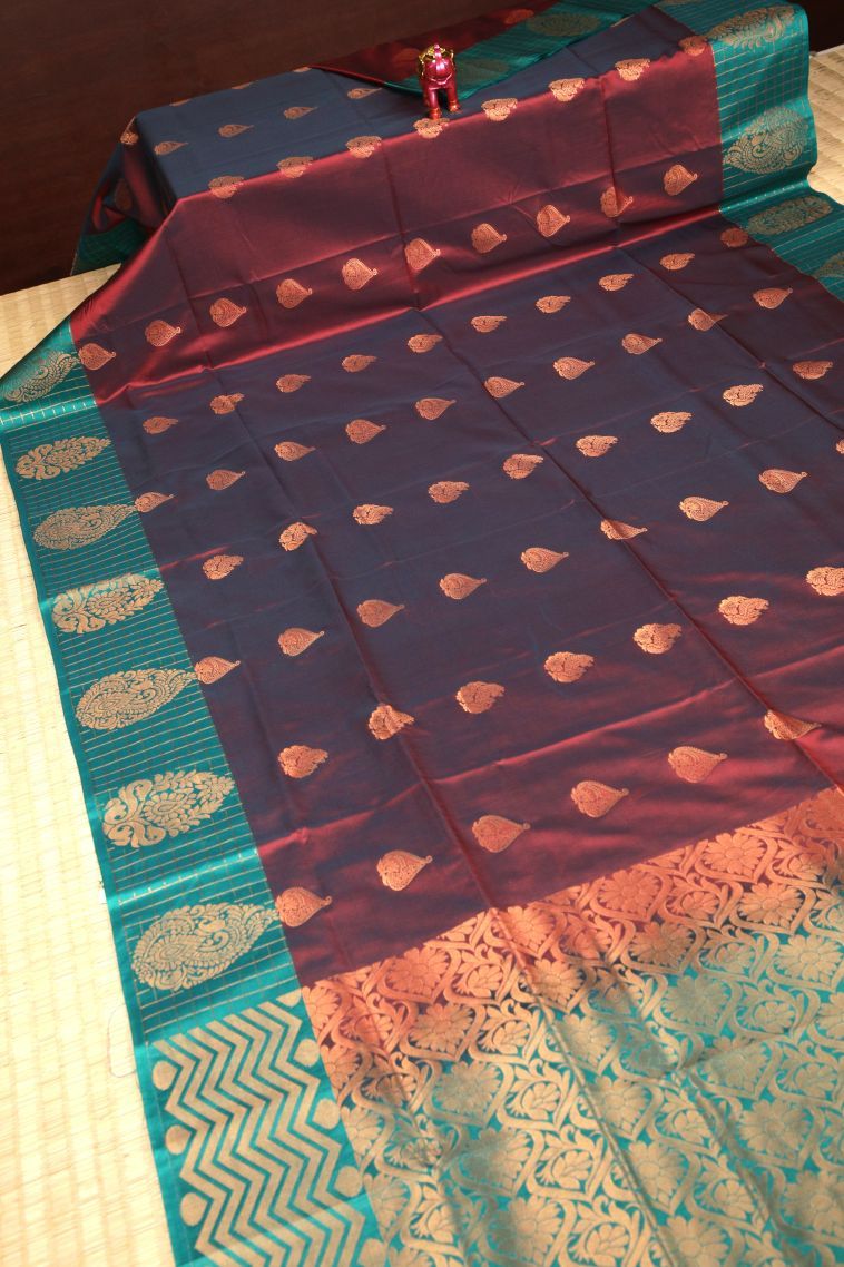Berry Red Soft Silk Saree with Copper Zari Buttis (small Dots Or Motifs) view 2