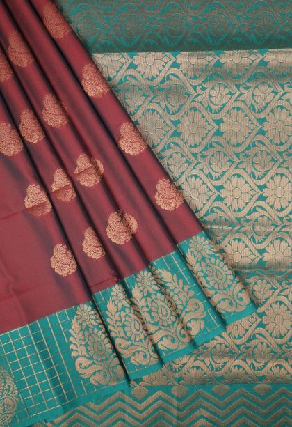Berry Red Soft Silk Saree with Copper Zari Buttis (small Dots Or Motifs)