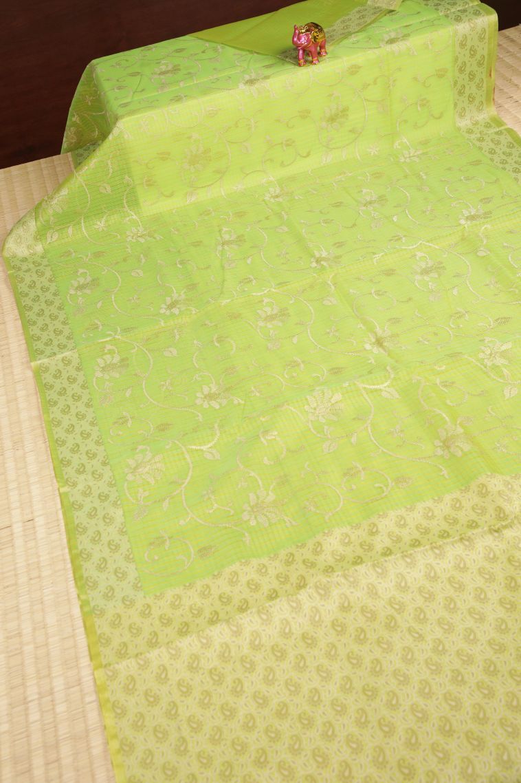 Lime Green Tussar Saree with Without Zari Zari Floral Patterns view 2