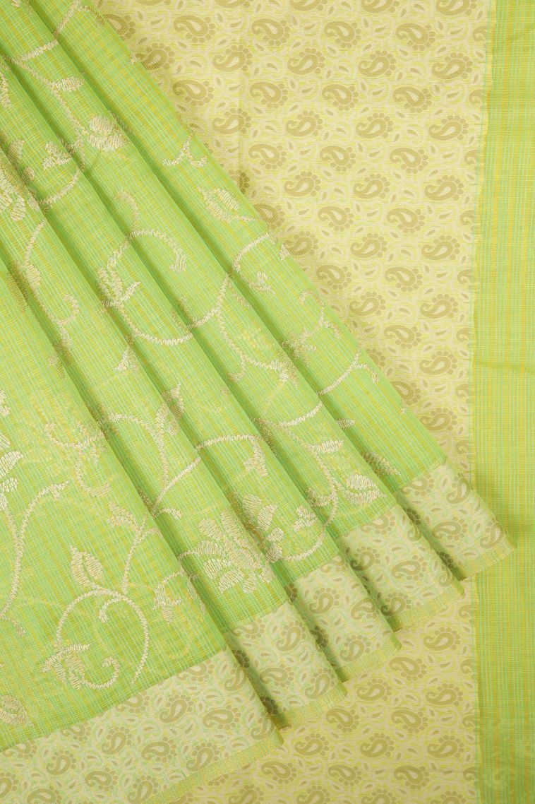 Lime Green Tussar Saree with Without Zari Zari Floral Patterns view 1