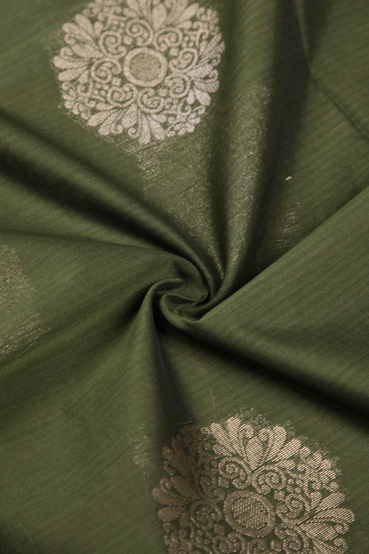 Basil Green Silk Cotton Sarees with Bronze Zari Buttis (small Dots Or Motifs) view 4