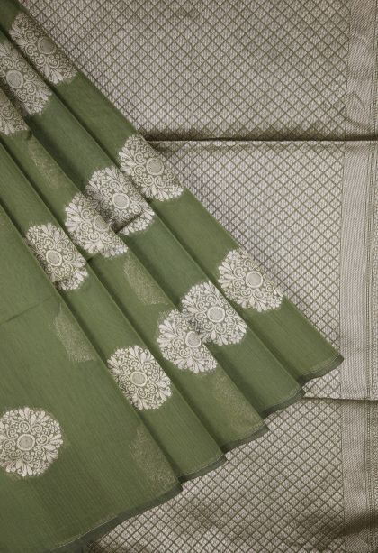 Basil Green Silk Cotton Sarees with Bronze Zari Buttis (small Dots Or Motifs)