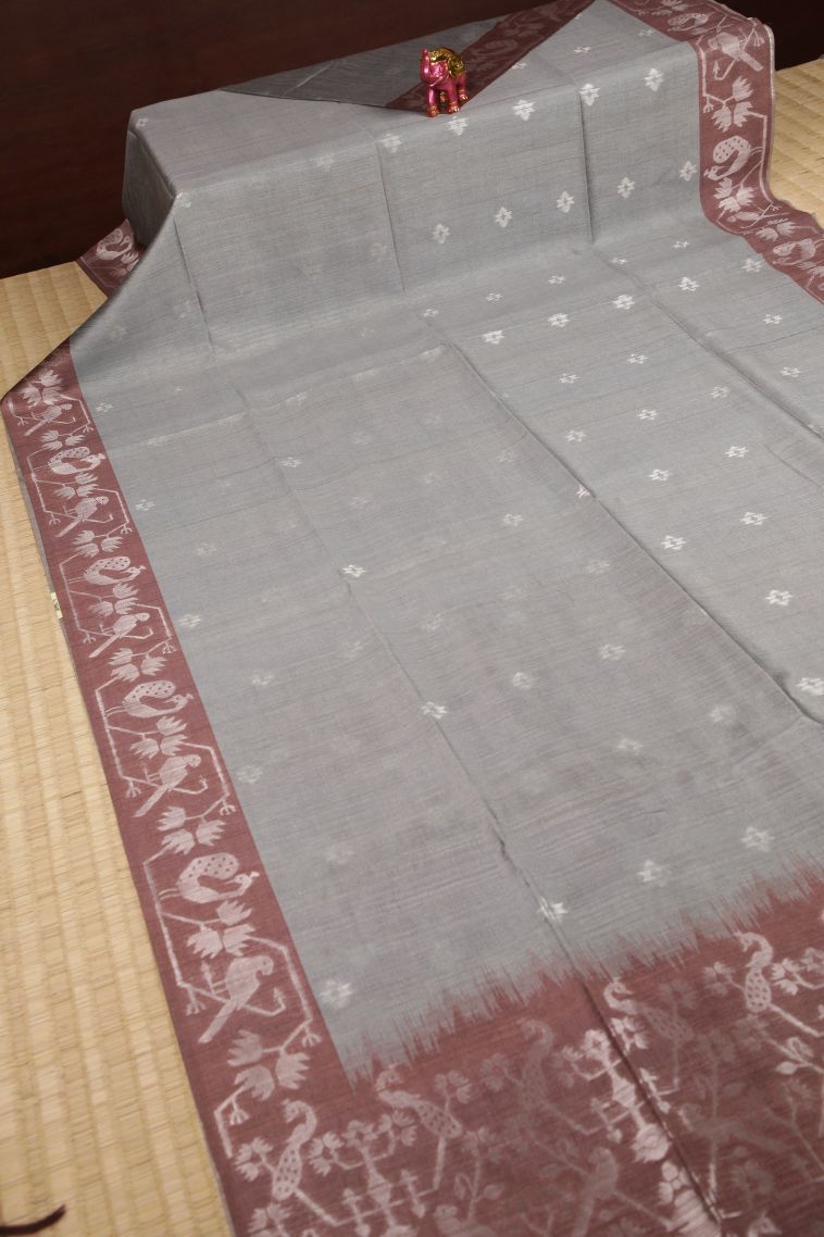 Gray Black Tussar Saree with Silver Zari Buttis (small Dots Or Motifs) view 2