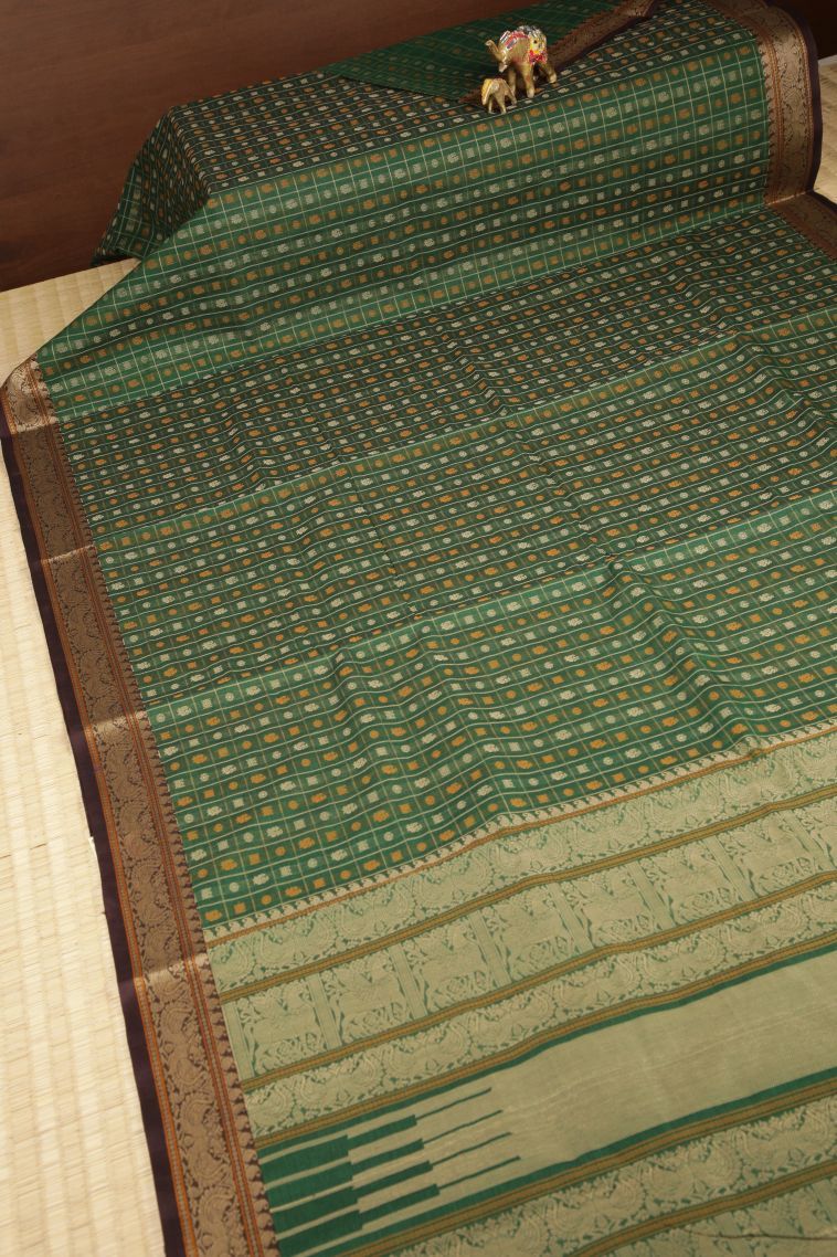 Basil Green Kalyani Cotton with Without Zari Zari Peacock Motifs view 2