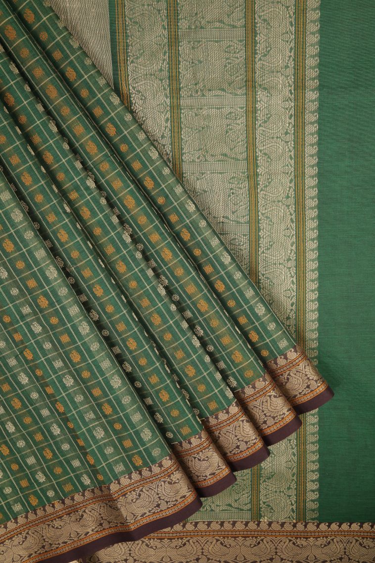 Basil Green Kalyani Cotton with Without Zari Zari Peacock Motifs view 1