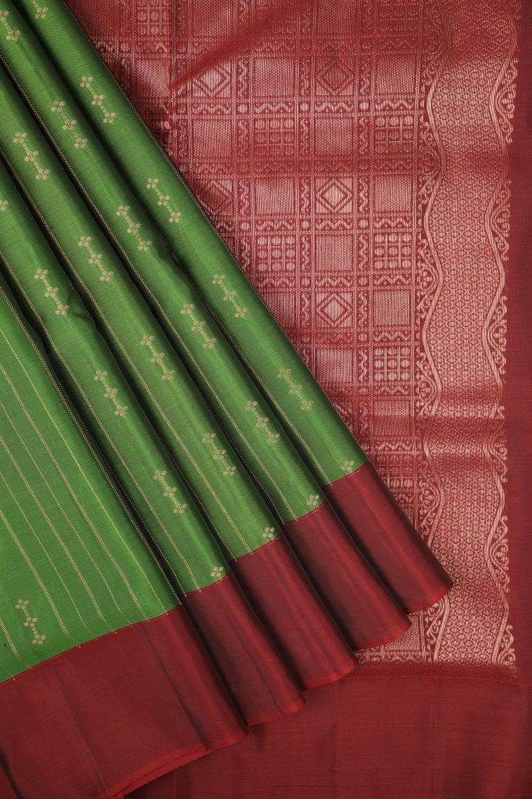 Basil Green Soft Silk Saree with Copper Zari Stripes view 1