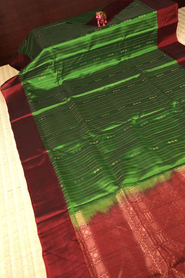 Basil Green Soft Silk Saree with Copper Zari Stripes view 2