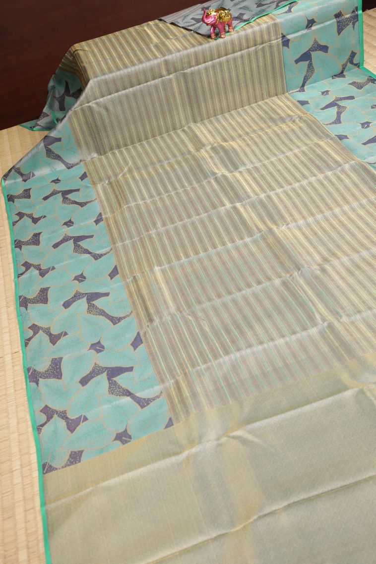 Slate Blue Kanchipuram Silk Sarees with Gold Zari Stripes view 2