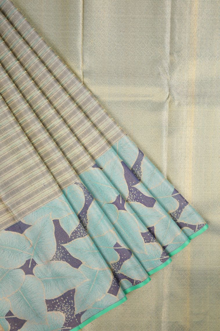 Slate Blue Kanchipuram Silk Sarees with Gold Zari Stripes view 1