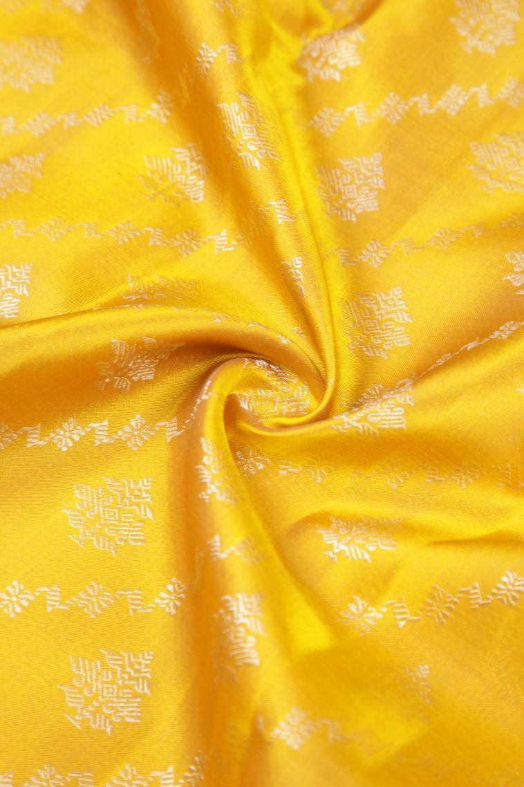 Lemon Yellow Kanchipuram Silk Sarees with Silver Zari Buttis (small Dots Or Motifs) view 4