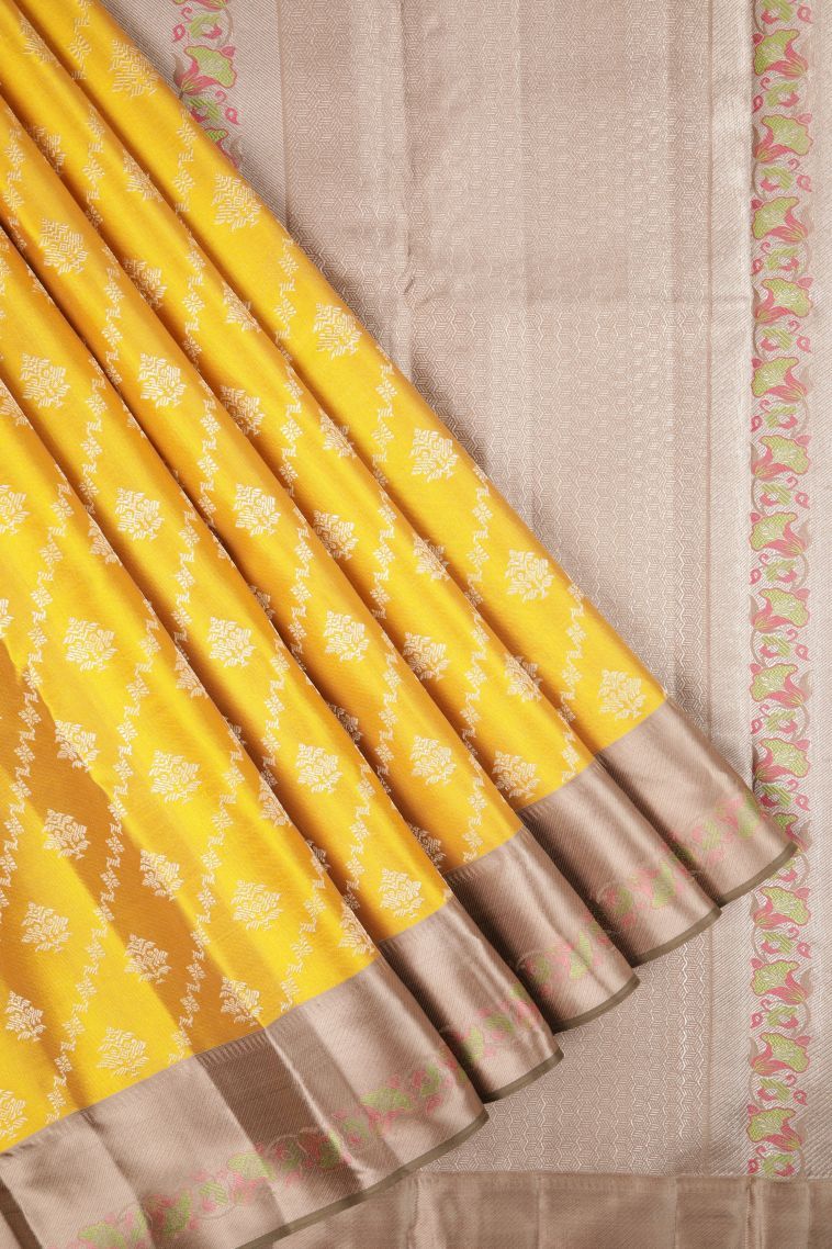 Lemon Yellow Kanchipuram Silk Sarees with Silver Zari Buttis (small Dots Or Motifs) view 1