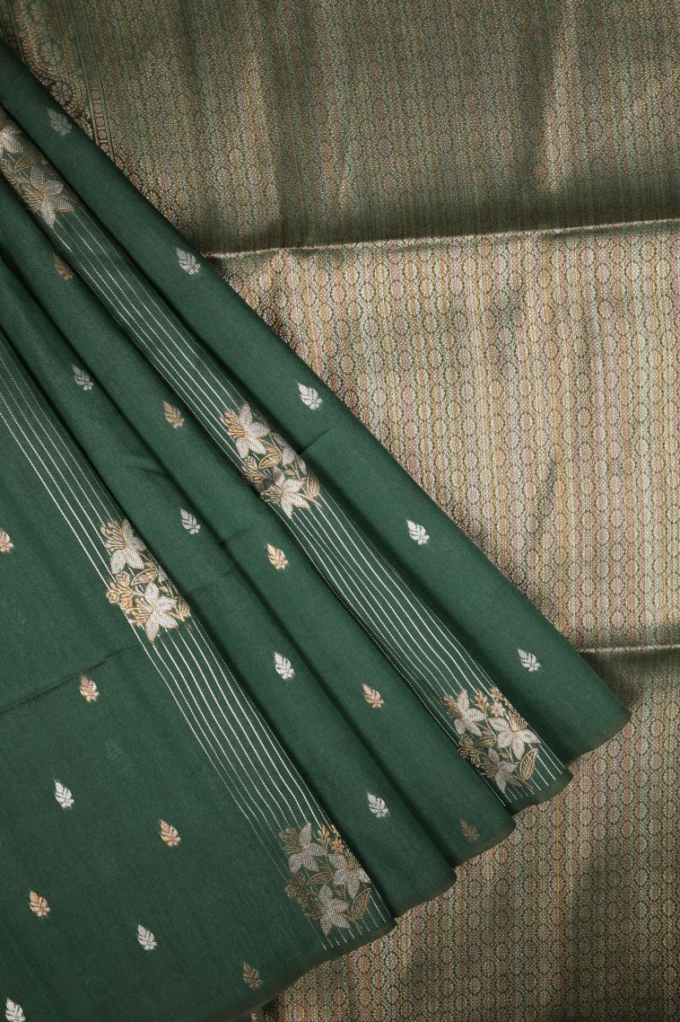 Basil Green Tussar Saree with Silver Zari Stripes view 1